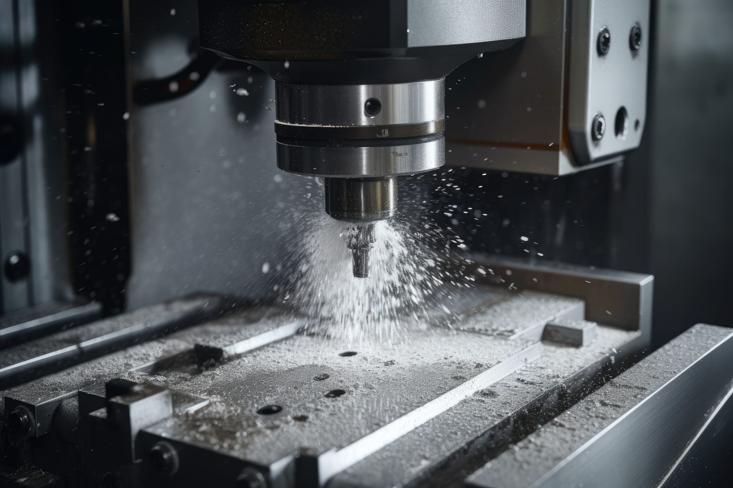 Close-up of a milling machine tool with intricate cutting edges and coolant spray, used for shaping metal into complex parts